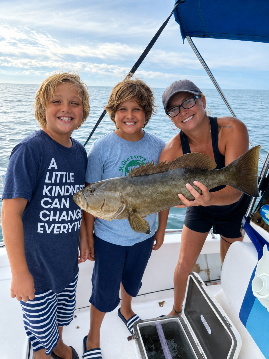 Two boys and the captain with a gag grouper offshore