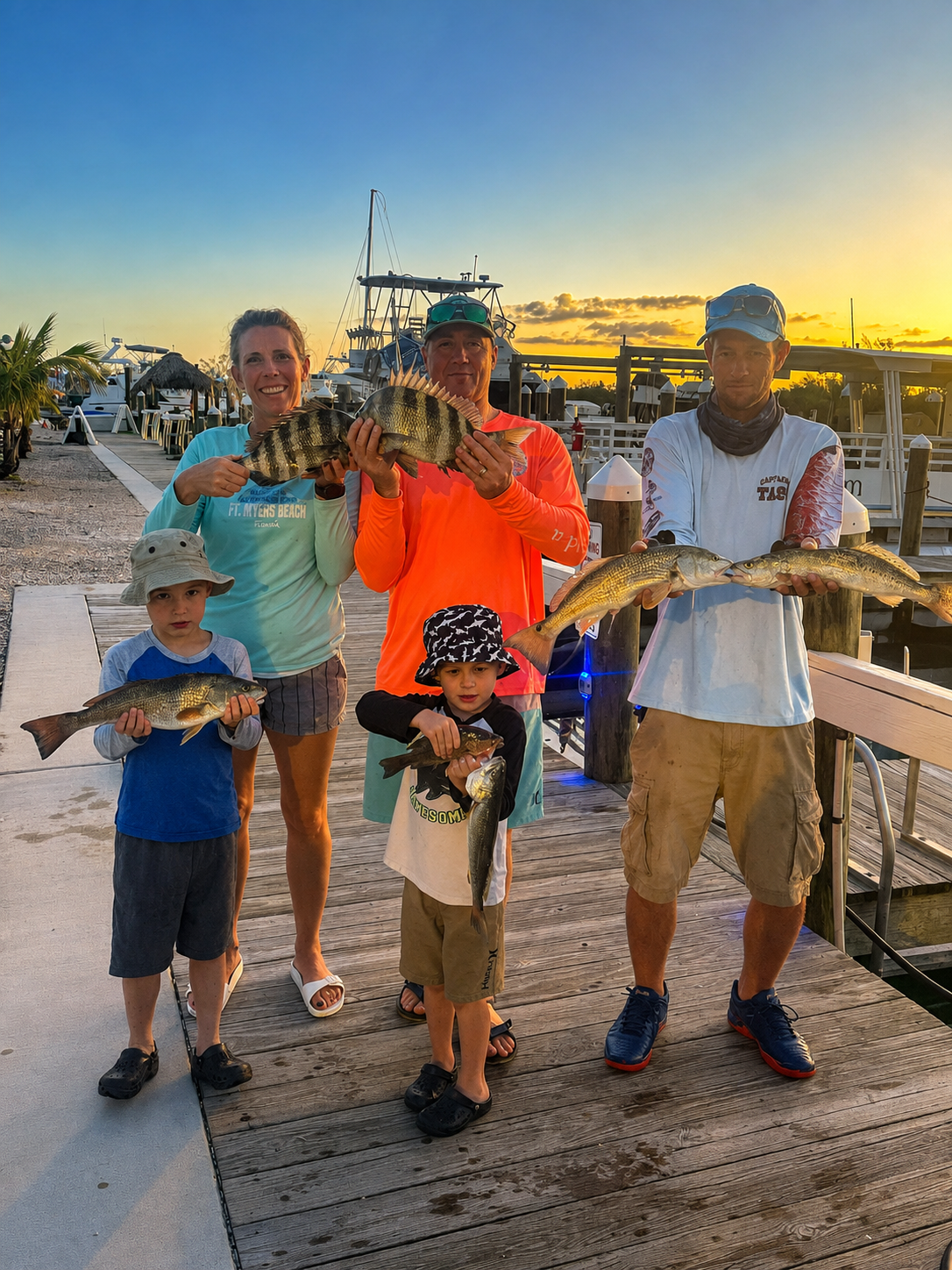 A family on the dock with the day's catch at sunset