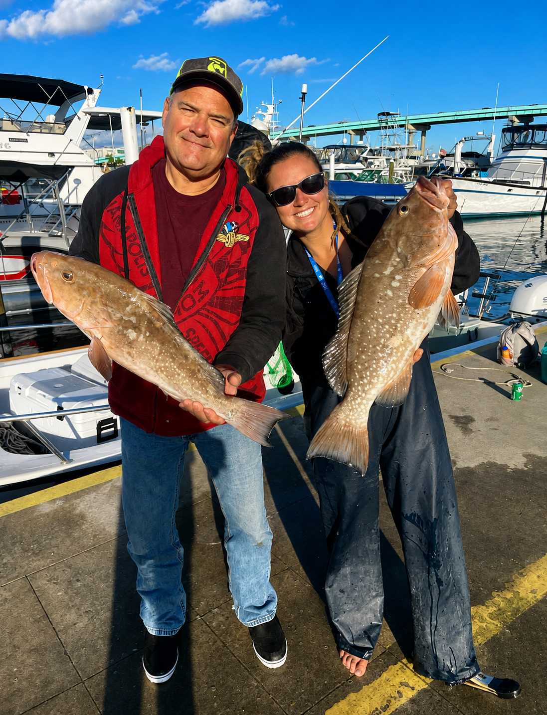 Two red grouper at the dock