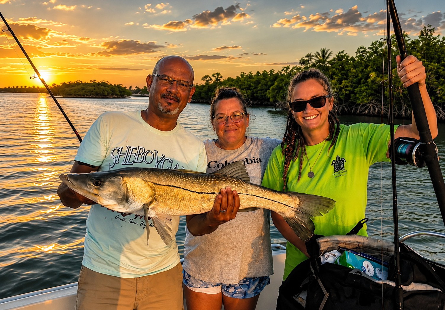 A snook at sunset with a family of three