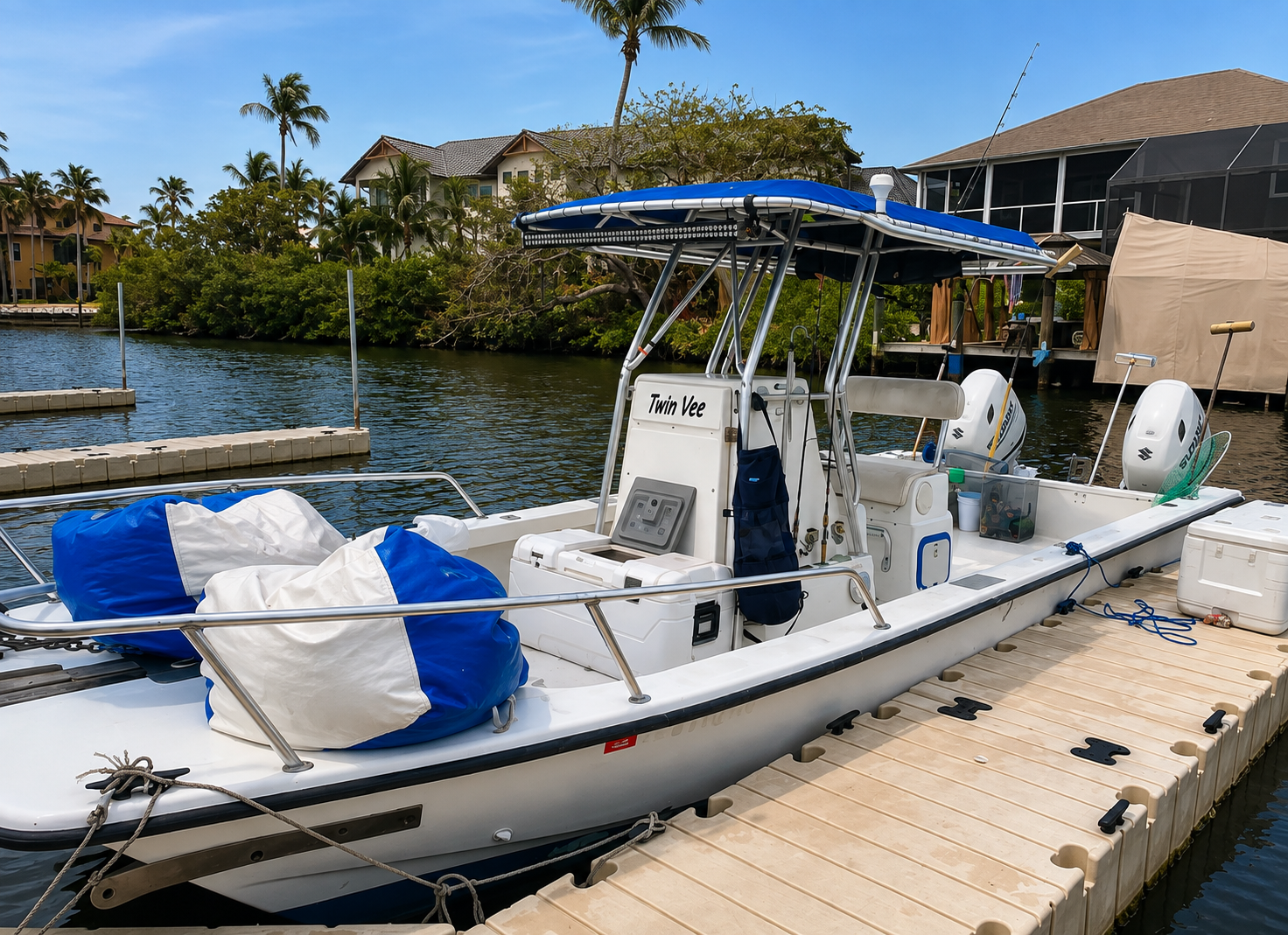 The 26′ Twin Vee tied up at the dock
